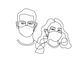 Man and woman in mask one line art illustration - Virus protection concept - Epidemic quarantine - Medical mask vector