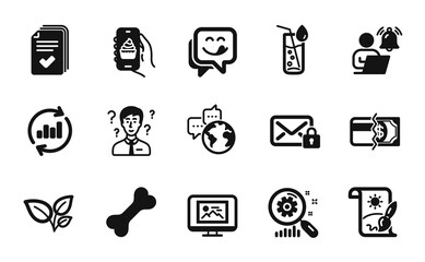 Vector set of Search statistics, Support consultant and World communication icons simple set. Creative painting, Water glass and Yummy smile icons. Search statistics simple web symbol. Vector