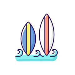 Surfboard RGB color icon. Isolated vector illustration. Long, narrow board for surfing sport usage. Longboard and shortboard type. Recreational activity. Riding ocean wave simple filled line drawing
