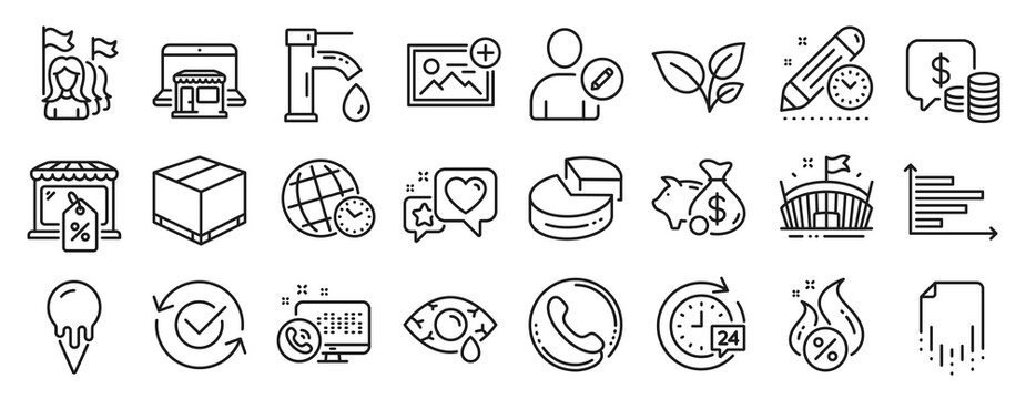 Set of Business icons, such as Add photo, Piggy bank, Market sale icons. Time zone, Feminism, Edit user signs. Conjunctivitis eye, Approved, Project deadline. Pie chart, Web call, Coins. Vector