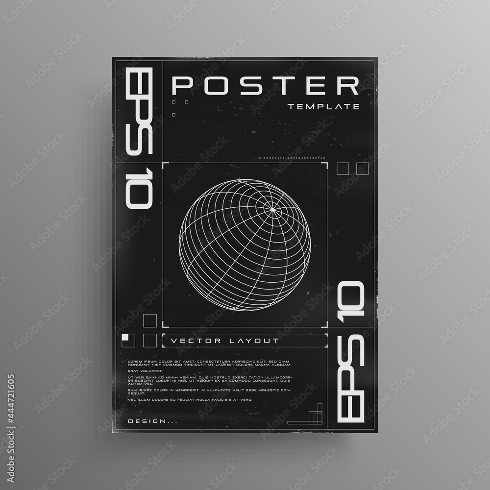 Poster retro cyberpunk poster with wireframe 3d sphere. black and white retrofuturistic poster design with 
