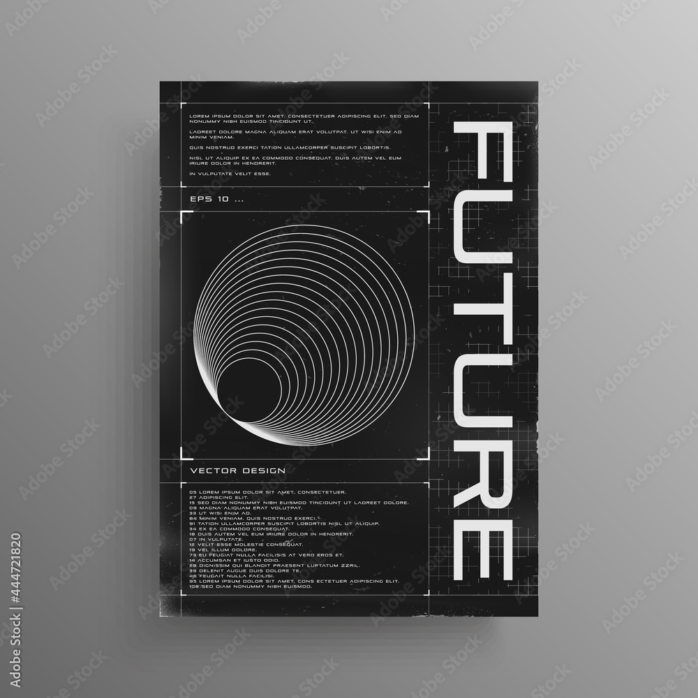 Poster retrofuturistic poster with hud elements and broken laser grid. black and white poster design in cyb