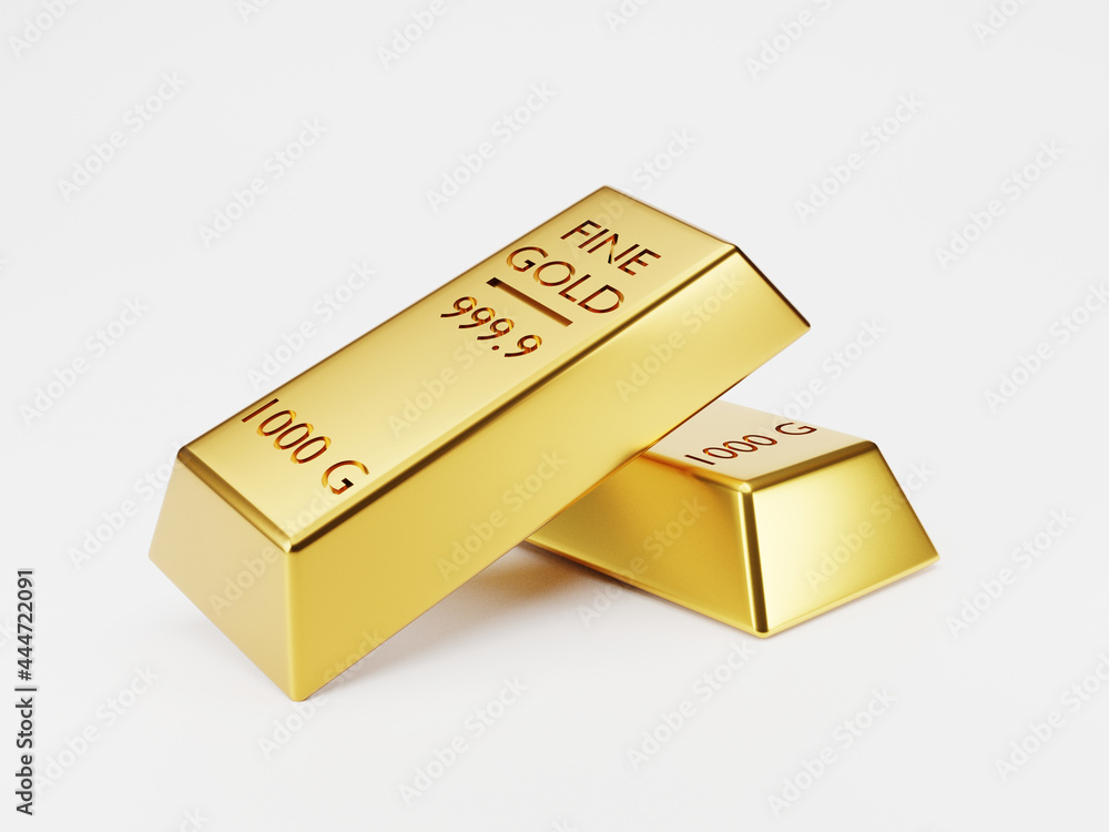 Poster isolated of two gold bar or gold ingot stacking on white background by 3d rendering technique.