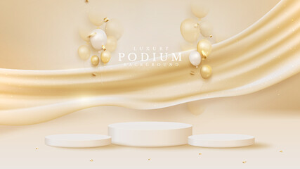 Realistic white product podium showcase with balloons, ribbon and golden canvas element on back. luxury background concept. Vector illustration for promoting sales and marketing.