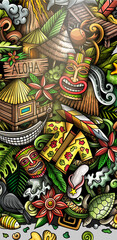 Hawaii hand drawn doodle banner. Cartoon vector detailed flyer.