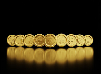 3D rendering of golden currency coins exchange include dollar Yen Pound Euro Yuan Won in the world on black background and copy space , Forex  trading and investment concept.