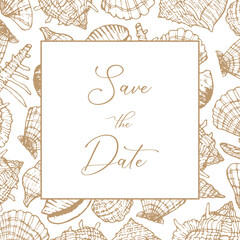 Seashells frame wedding invitation save the date card. Gold and white Luxury vintage vector illustration