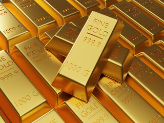 Stock of gold bars stacking by 3d rendering technique , Gold is safety saving and reserve fund of each country.