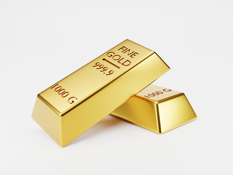 Isolated of two gold bar or gold ingot stacking on white background by 3D rendering technique.