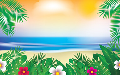 Fototapeta na wymiar Summer Holiday Illustration with Green Plants, Blue Ocean and Sky Background. Summer Vector Design for Banner, Flyer, Invitation, Brochure