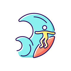 Big wave surfing RGB color icon. Isolated vector illustration. Discipline for experienced surfers. Surf zone. Water sport. Paddling into dangerous giant waves. Huge wipeout simple filled line drawing