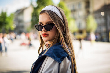 Beautiful country girl in 90s style. Back in time 90s 80s. Stylish girl in retro colourful vintage...