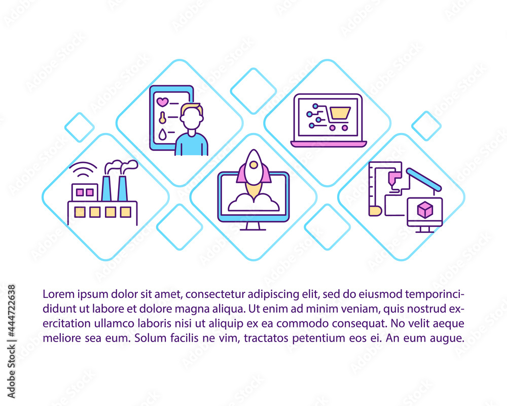 Poster Modern engineering concept line icons with text. PPT page vector template with copy space. Brochure, magazine, newsletter design element. Automation systems linear illustrations on white