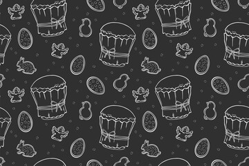 Easter cakes seamless pattern calk doodle on dark background