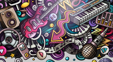 Obraz premium Disco Music hand drawn doodle banner. Cartoon vector detailed flyer.