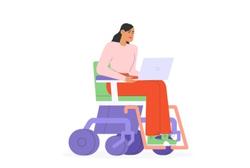 Flat vector illustration with young woman working at laptop in a wheelchair. Concept of disabled people employment. 
