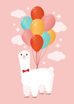 Festive llama or alpaca with a mans bow tie flies on inflatable colorful balloons on a pink background. Vector illustration for greeting card, poster, texture, textile, decor. Cartoon character. © Irina Anashkevich