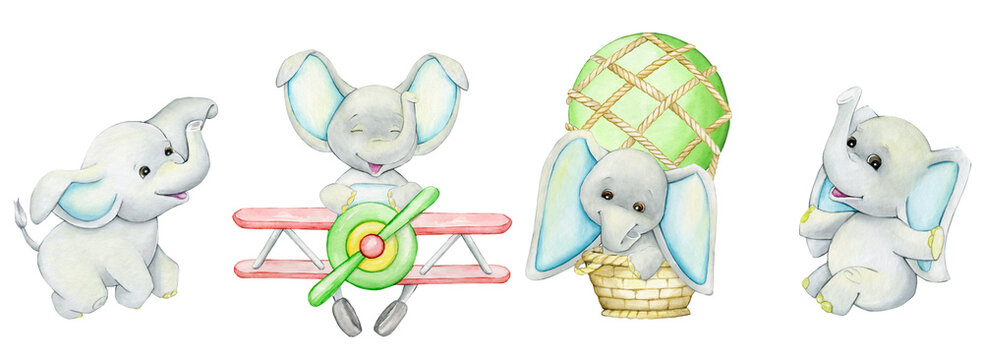 cute, elephants, on a plane, in a balloon, a watercolor set, animals in a cartoon style, on an isolated background.
