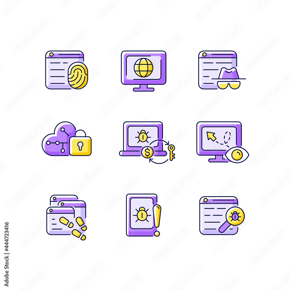 Poster online behavior monitoring purple rgb color icons set. digital footprints. cyberspace. private brows