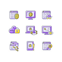 Online behavior monitoring purple RGB color icons set. Digital footprints. Cyberspace. Private browsing. Isolated vector illustrations. Cloud encryption simple filled line drawings collection