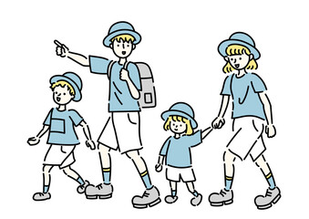 家族で仲良くハイキングするイラスト　ブルー