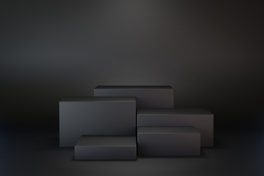 3D rendering dark background. Five step black box stage podium on black background.