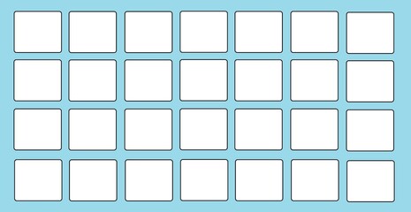 grid of white rounded squares 4x7 with light turquoise background