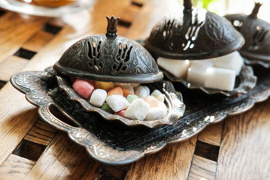 Close up view on parvadra. Uzbek caramel parvarda. Persian sweets. Oriental delight.