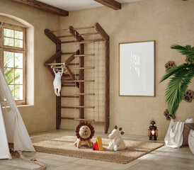 Poster mockup in children room interior background, 3D render