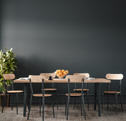 Home interior, modern dark dining room interior, black empty wall mock up, 3d render