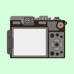 digital camera with a panel. view from the side of the photographer. control buttons and screen. Vector stock illustration on a lettuce background. Place for an inscription or picture. Flat simplified