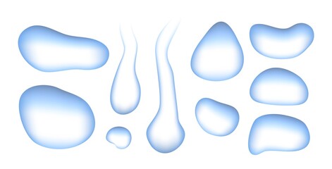 Diverse simple water shapes. Abstract blue drops, floating and falling drip. Modern liquid shape, isolated decorative dropped vector elements