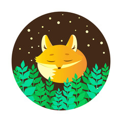 Cute fox sleeps curled up at night in the grass in the meadow. Stars burn or fireflies shine. Illustration in the circle. Vector stock illustration. White isolated background. Postcard, print
