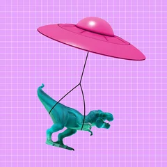 Fotobehang Hedendaagse kunstcollage, modern design. Moderne expreslevering. Roze vliegende schotel die stuk speelgoed dinosaurus levert. © master1305