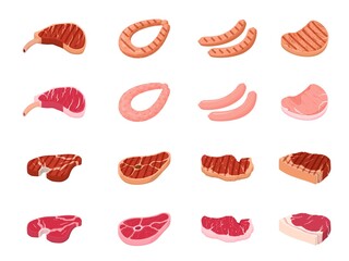 Fried meat. Flat cooking beef, fresh raw sirloin and bbq steak on dinner. Pork steaks and sausages, delicious meats food recent vector icons