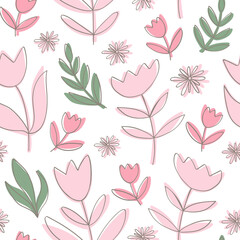 Hand drawn and sketh seamless pattern with pastel pink flower and leaves. Colorful vector wallpaper. Decorative illustration good for printing on wrapping, textile, fabric, cloth, paper, linens