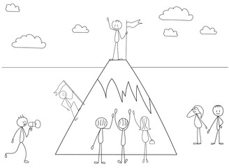 stick figure man on mountain, winner, basketball