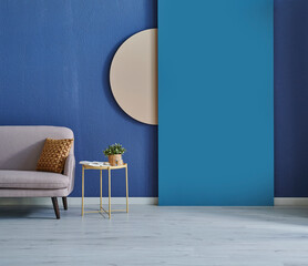 Blue wall background, stone wall and round concept with sofa and coffee table style.