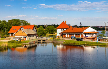Ponds and reservoir facilities of traditional masurian fishing farm in Elk town of Masuria region in Poland © Art Media Factory