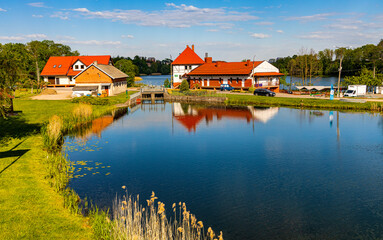 Ponds and reservoir facilities of traditional masurian fishing farm in Elk town of Masuria region in Poland