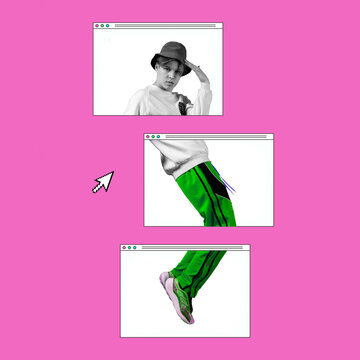 Contemporary art collage, modern design. Retro style. Young stylish man in casual dancing throught white boxes