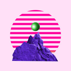 Modern design, contemporary art collage. Inspiration, idea, trendy urban magazine style. Big purple mountain on pastel pink striped background