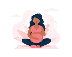 Pregnant woman doing yoga. Pregnancy health, meditation concept. Vector illustration.