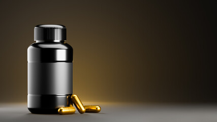 3D rendering of a pill bottle on black background with pills