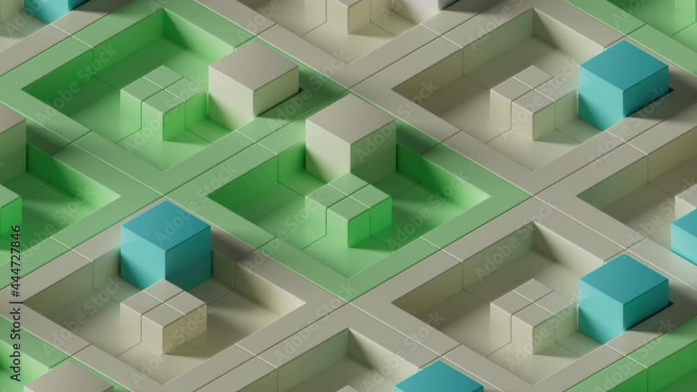 Poster simple 3d render with cubes moving to the side. loopable animation. pattern looking composition.