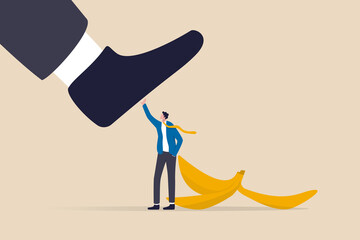 Avoid business mistake or failure, protect from accident or pitfall, insurance or warning in business risk and support in crisis concept, confidence businessman hero protect from slippery banana peel.