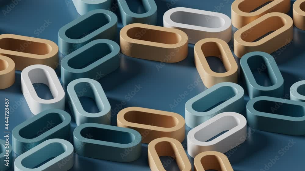 Poster simple minimalistic 3d loopable render of rotating extruded shapes on blue plane.