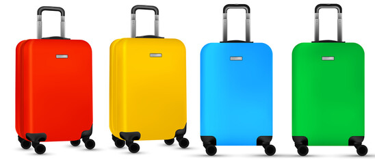 Travel suitcase isolated. Set of colorful plastic luggage or vacation baggage bag on white background. Design of summer vacation holiday concept.