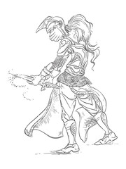 Fototapeta na wymiar Female knight in armor holds sword in her hands. Vector illustration