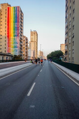Fototapeta na wymiar citizens walk the viaduct known as Elevated highway Minhocao, or Elevado Presidente Joao Goulart, in Sao Paulo downtown, Brazil
